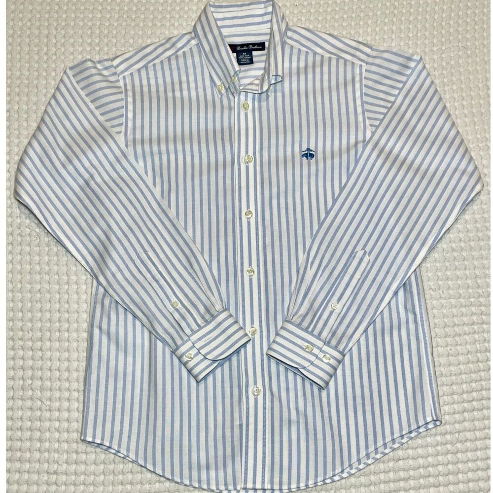 Brooks Brothers 346 Boys Non-Iron Oxford Shirt M 10-12 Blue Stripe Button Down